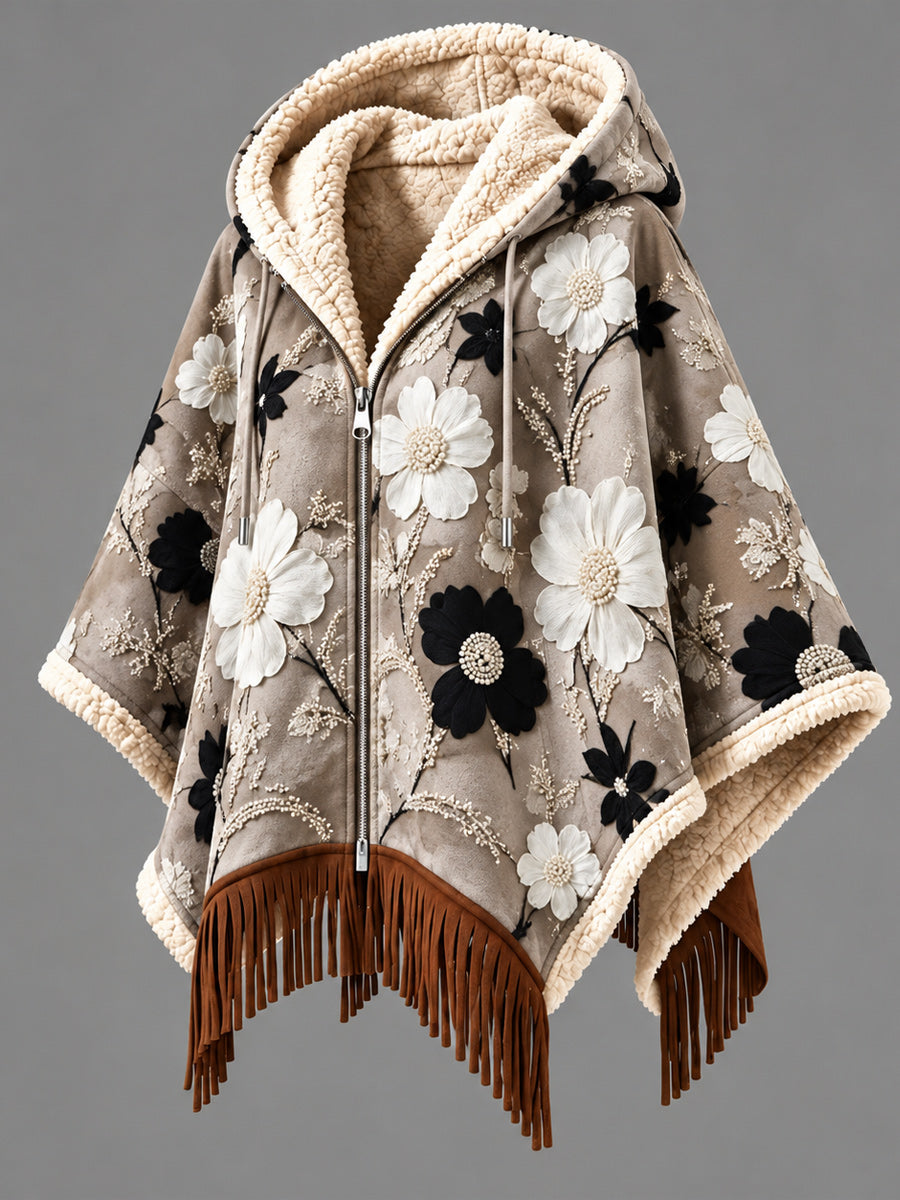 Women's Fall Winter Vintage Art Fleece-Lined Hooded Fringe Poncho